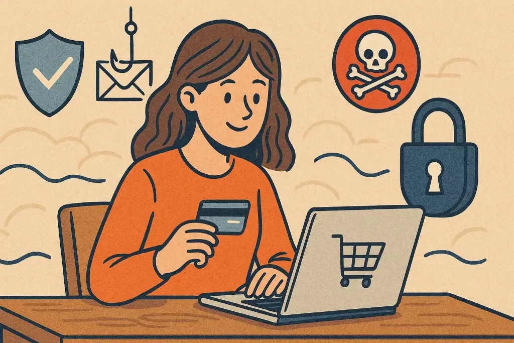 A woman does online shopping safely while being protected from fraud.