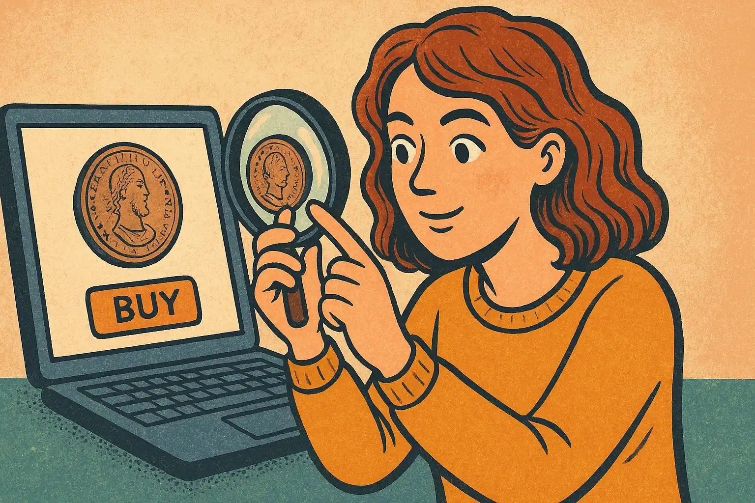 A woman identifies the quality of an antique coin that she found online.