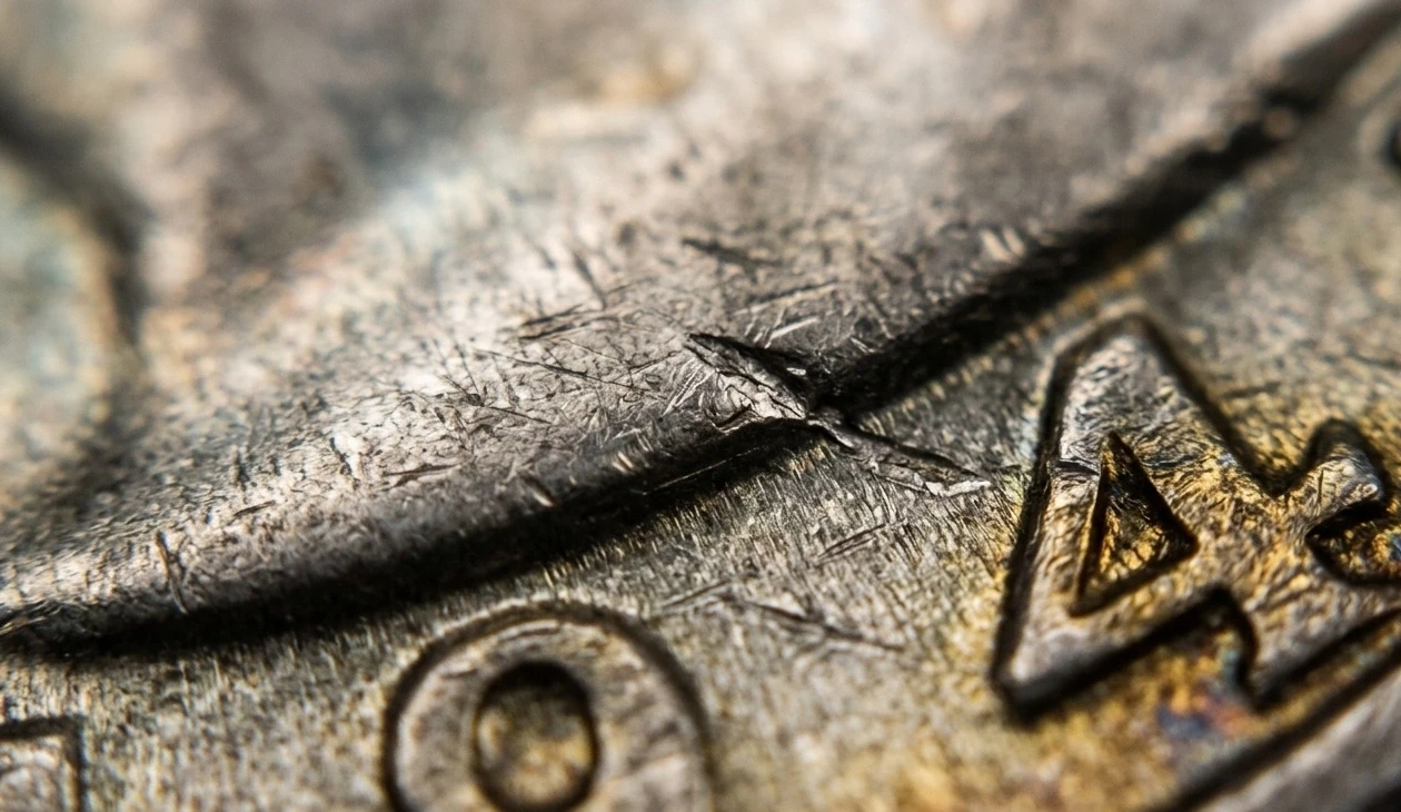 Extreme close-up of 1945 quarter surface texture and scratches